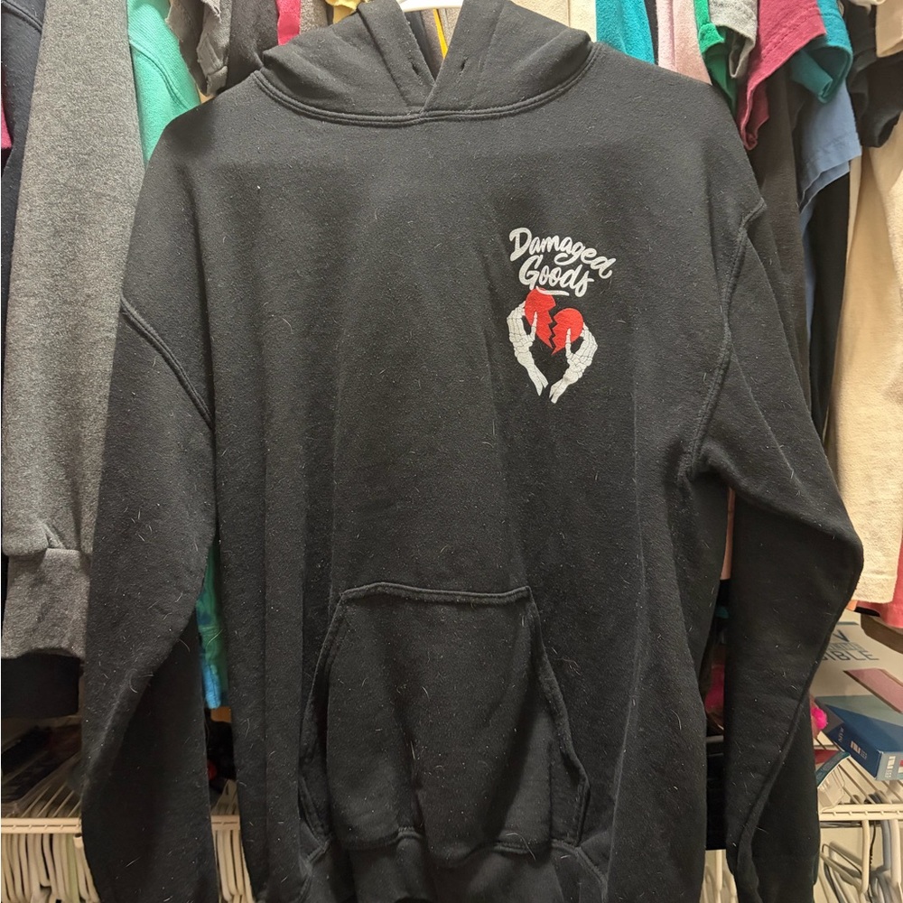 Damaged Goods Black Hoodie with Heart Design